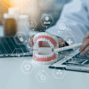 Dental model with toothbrush and digital icons.