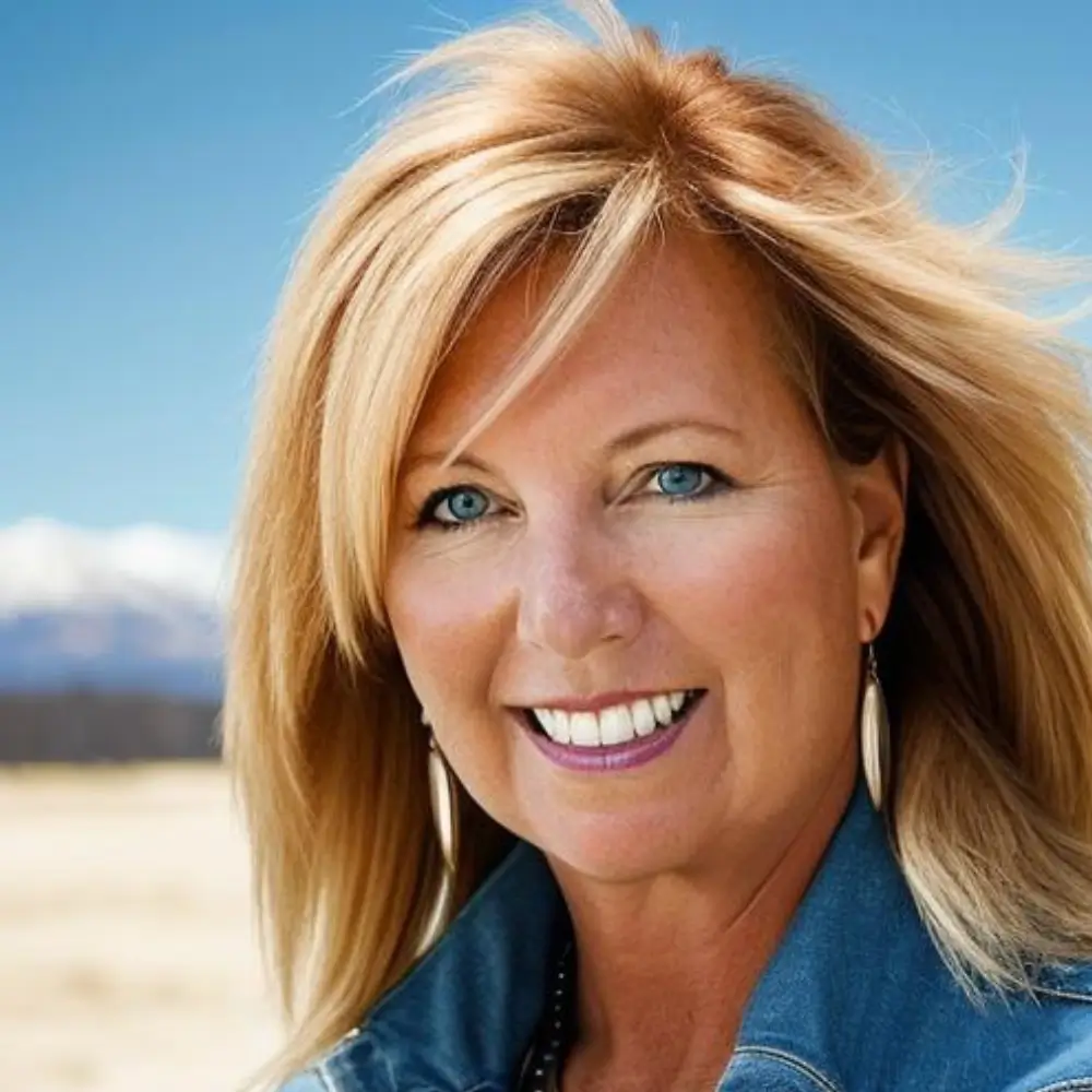 Smiling woman outdoors with mountains in background.